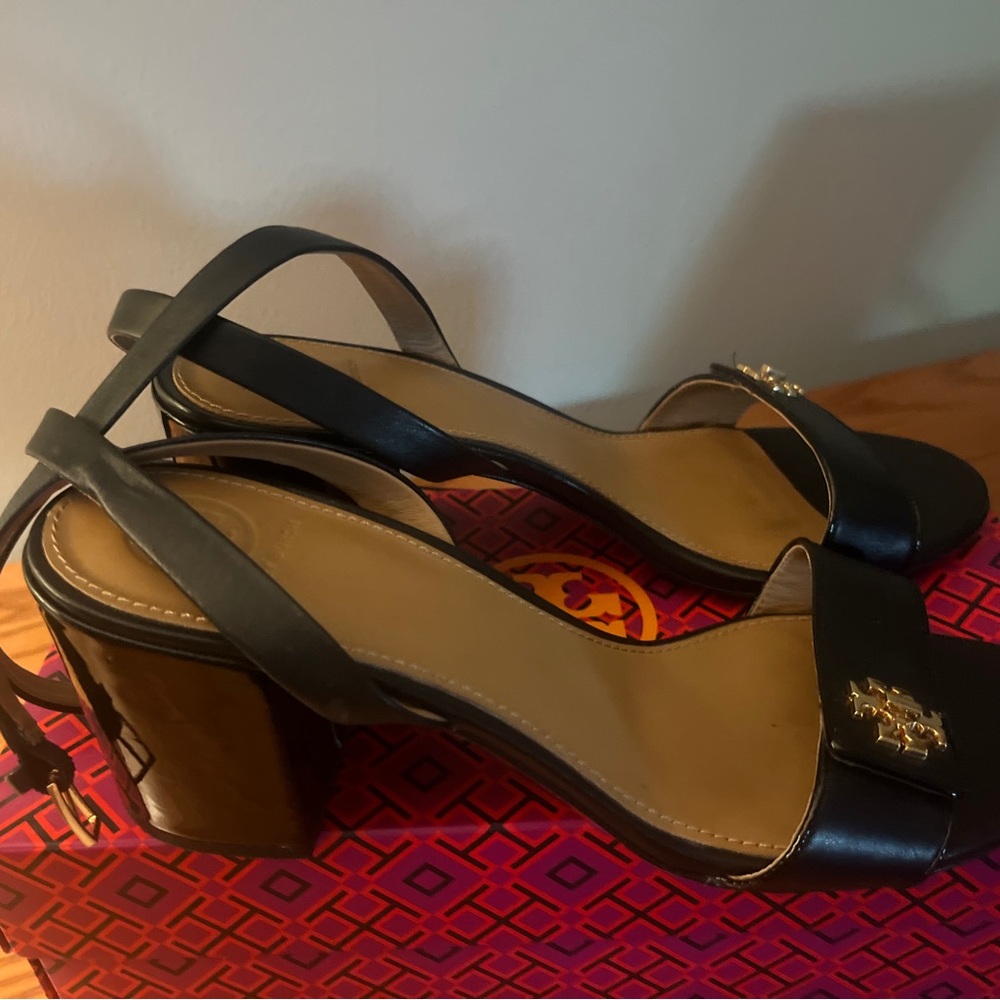 Tory Burch Black and Gold Block Heel Sandals - Picture 2 of 3